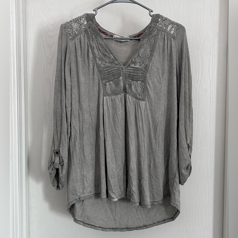 Knox Rose | Gray Women's Blouse with Lace Accents | Size Medium